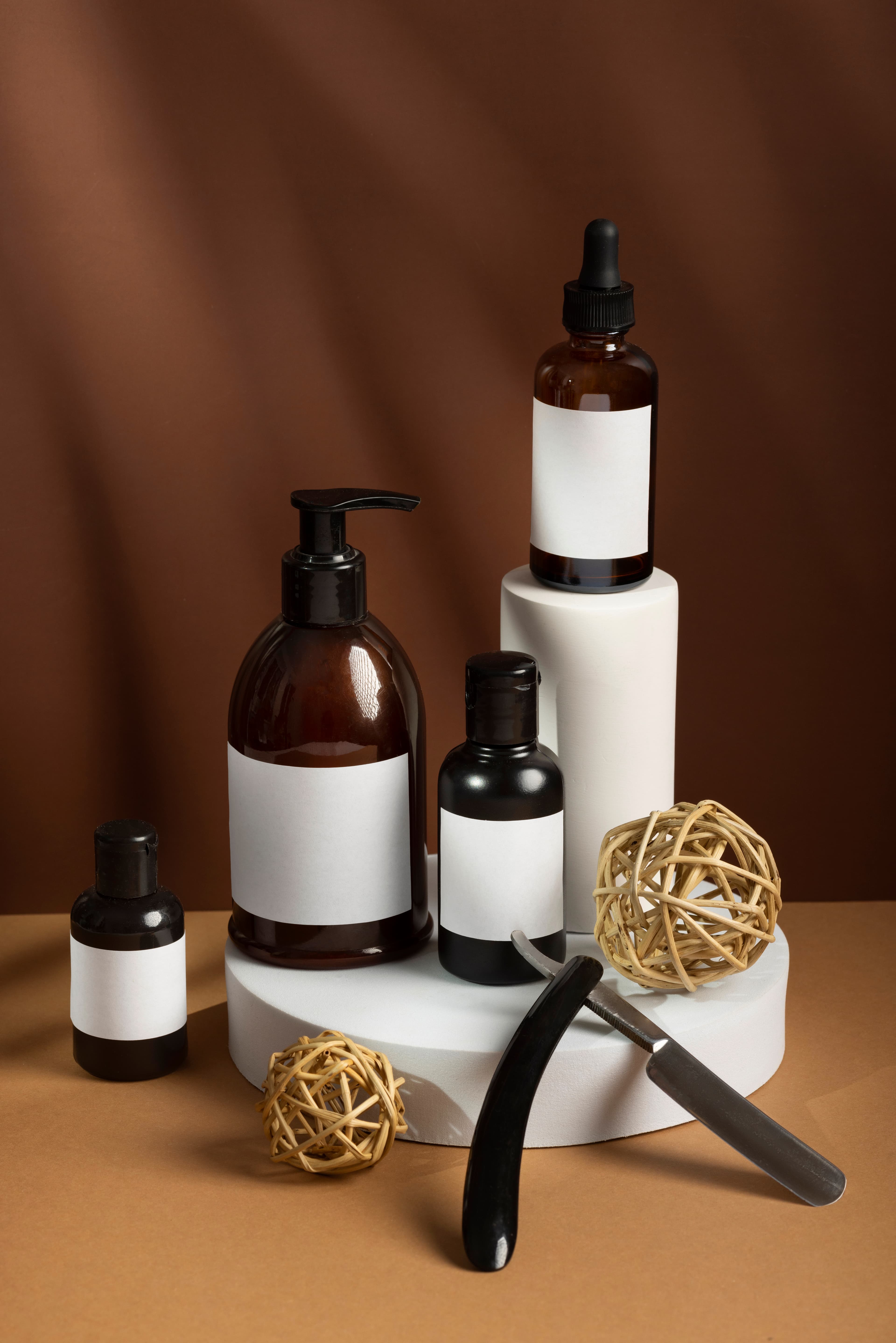 Grooming products on a display stand with printed cards